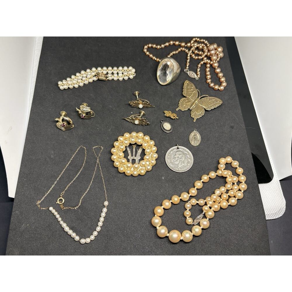 Vintage Victorian Revival Coro Faux Pearl Necklace Ring Charm Clip Jewelry Lot - Picture 6 of 7